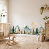 Watercolor Mountain Wall Decal | Forest Landscape Vinyl Wall Sticker | Woodland Nursery Decor | Kids Room Mountain Mural | Forest Border