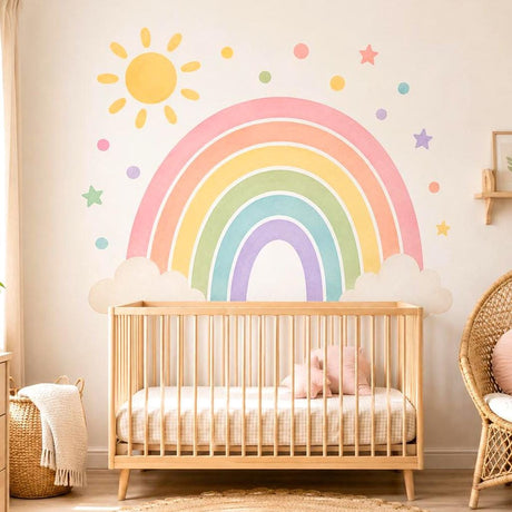 Six pastel rainbow arches in pink, peach, yellow, green, aqua and lavender, with cream clouds, a sun, stars and dots.