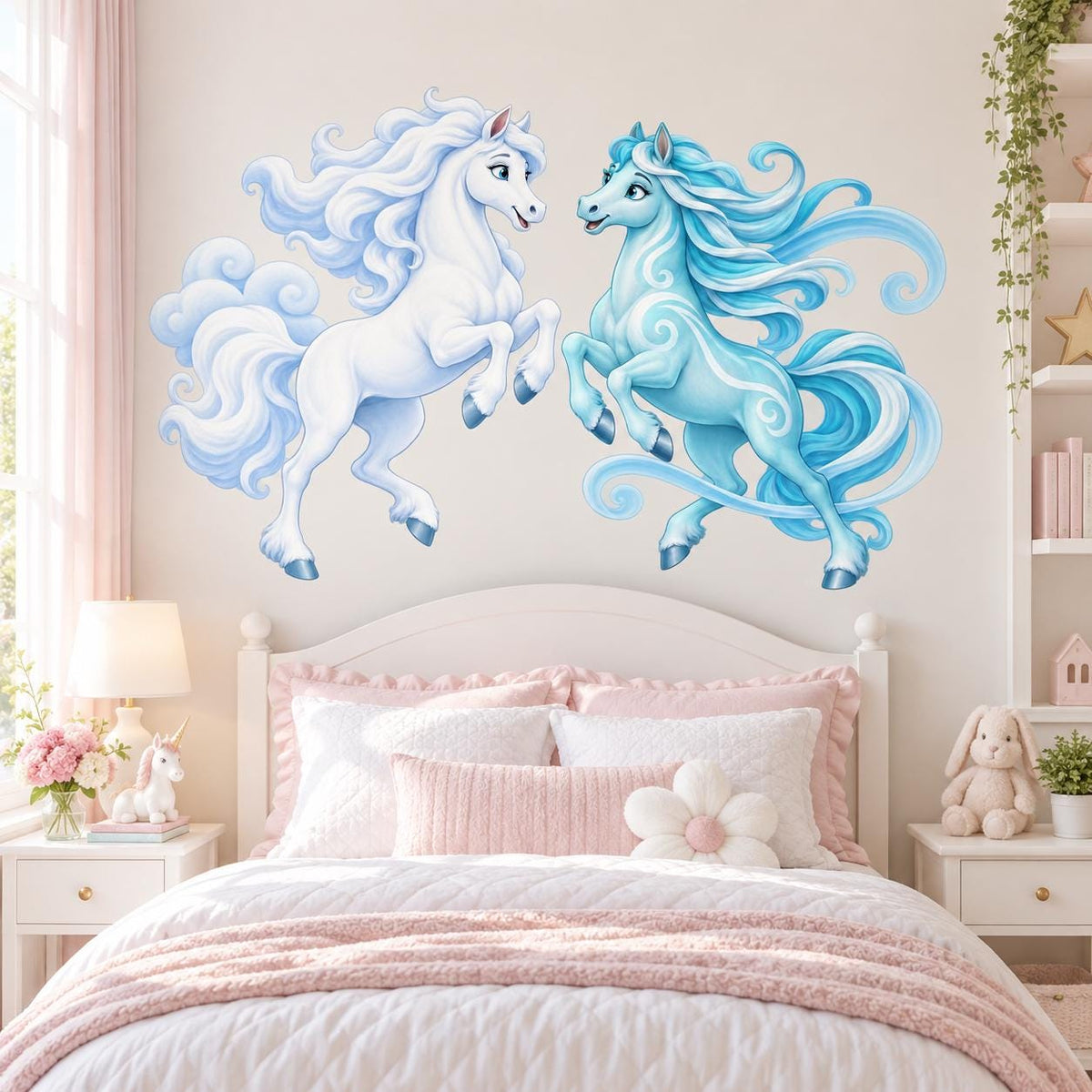 Pair of Unicorn Vinyl Wall Decal | Blue and Turquoise Fantasy Horse Wall Sticker | Pastel Unicorn Nursery Decor | Kids Bedroom Wall Decor
