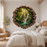 Tropical Waterfall Wall Decal | 3D Broken Brick Jungle Mural | Rainforest Wall Sticker | Nature Living Room Decor | Faux Window Wall Decor