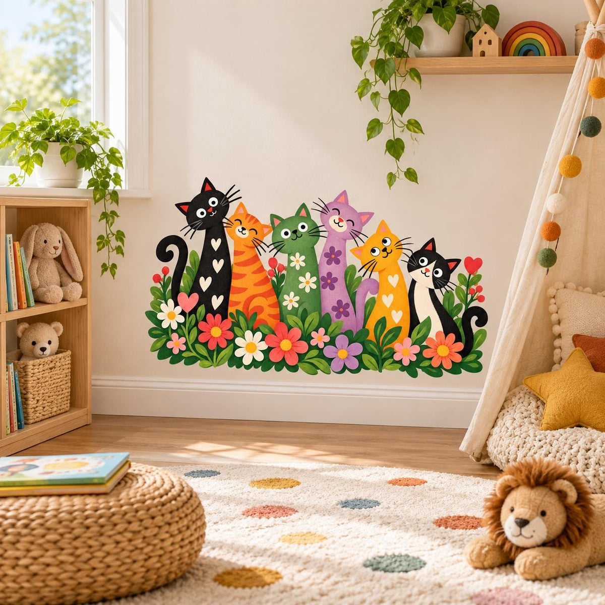 Colorful Cats and Flowers Wall Decal | Whimsical Kids Room Vinyl Sticker | Nursery, Playroom, Classroom Wall Decor | Cat Lover Bedroom Decor