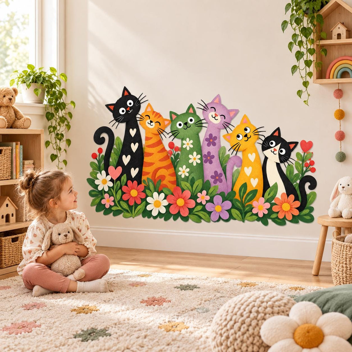 Colorful Cats and Flowers Wall Decal | Whimsical Kids Room Vinyl Sticker | Nursery, Playroom, Classroom Wall Decor | Cat Lover Bedroom Decor