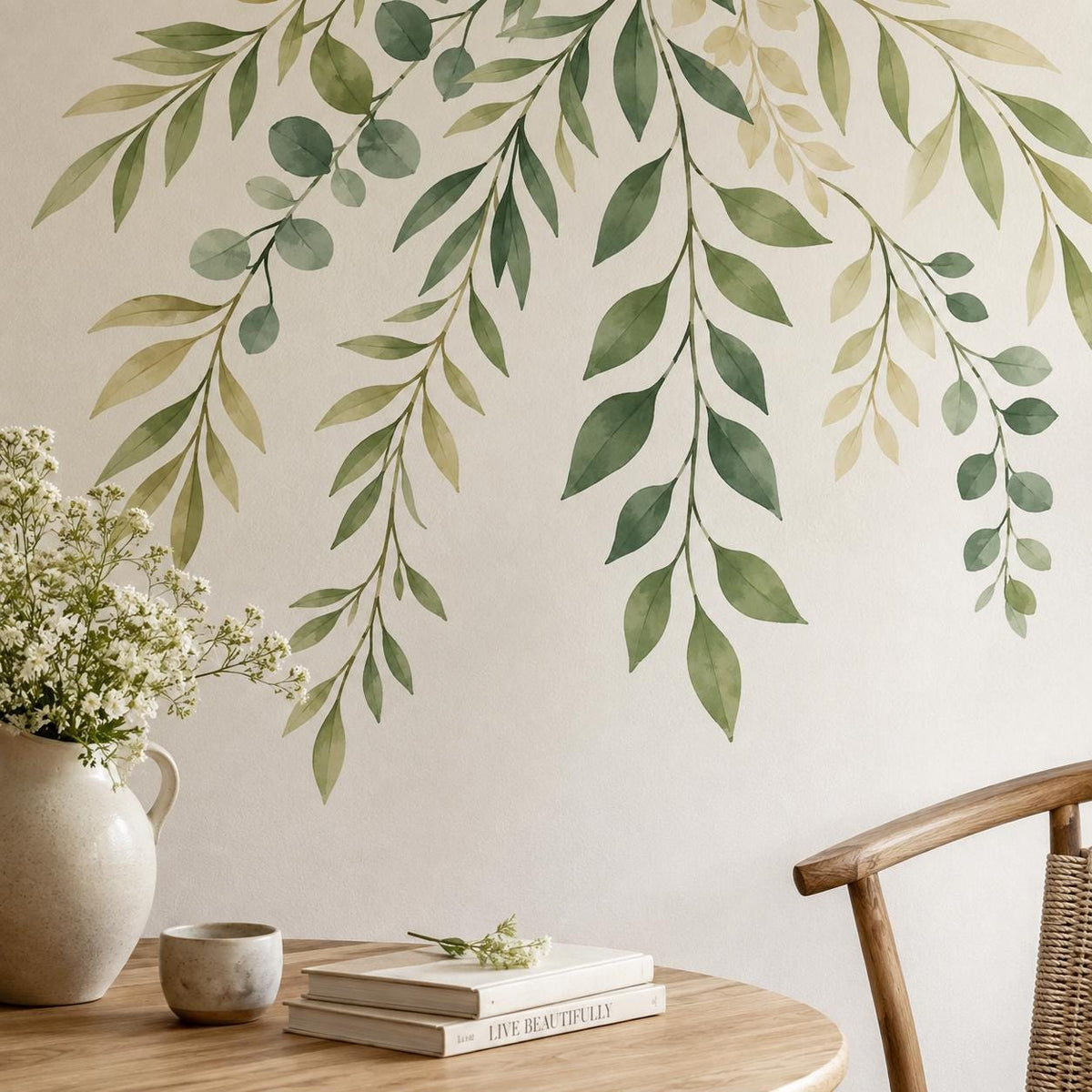 Watercolor Botanical Wall Decal | Hanging Greenery Vinyl Wall Sticker | Sage Leaf Decor for Dining Room, Bedroom or Entryway | Home Accent