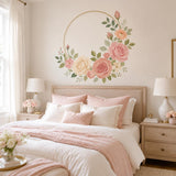 Floral Rose Gold Ring Circle Wall Decal | Watercolor Botanical Wall Sticker | Blush Pink Flower Bedroom and Nursery Decor | Vinyl Wall Art