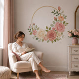 Floral Rose Gold Ring Circle Wall Decal | Watercolor Botanical Wall Sticker | Blush Pink Flower Bedroom and Nursery Decor | Vinyl Wall Art