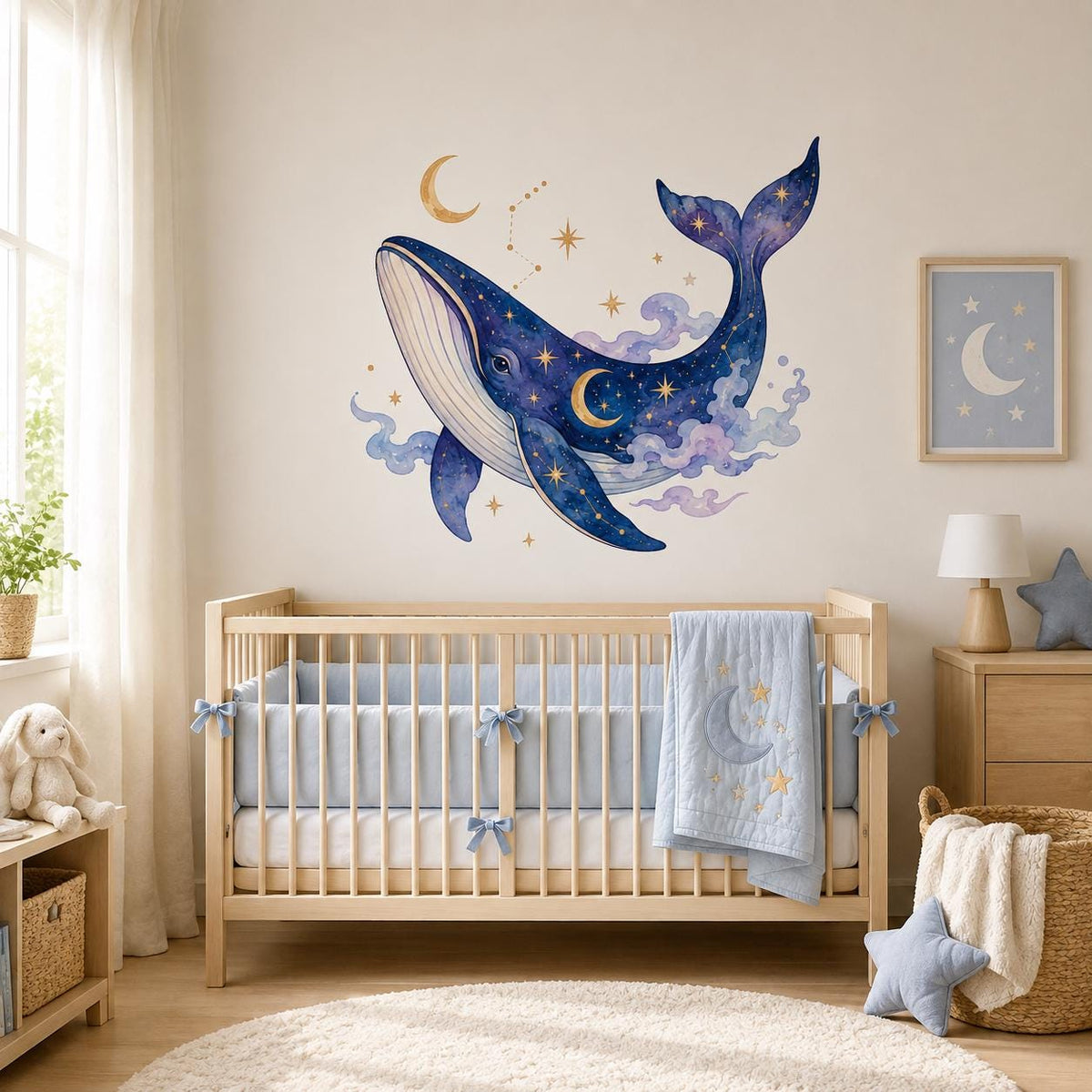 Celestial Whale Wall Decal | Moon and Stars Wall Sticker | Watercolor Whale Nursery Decor | Ocean Kids Room Wall Art | Starlit Bedroom Decor