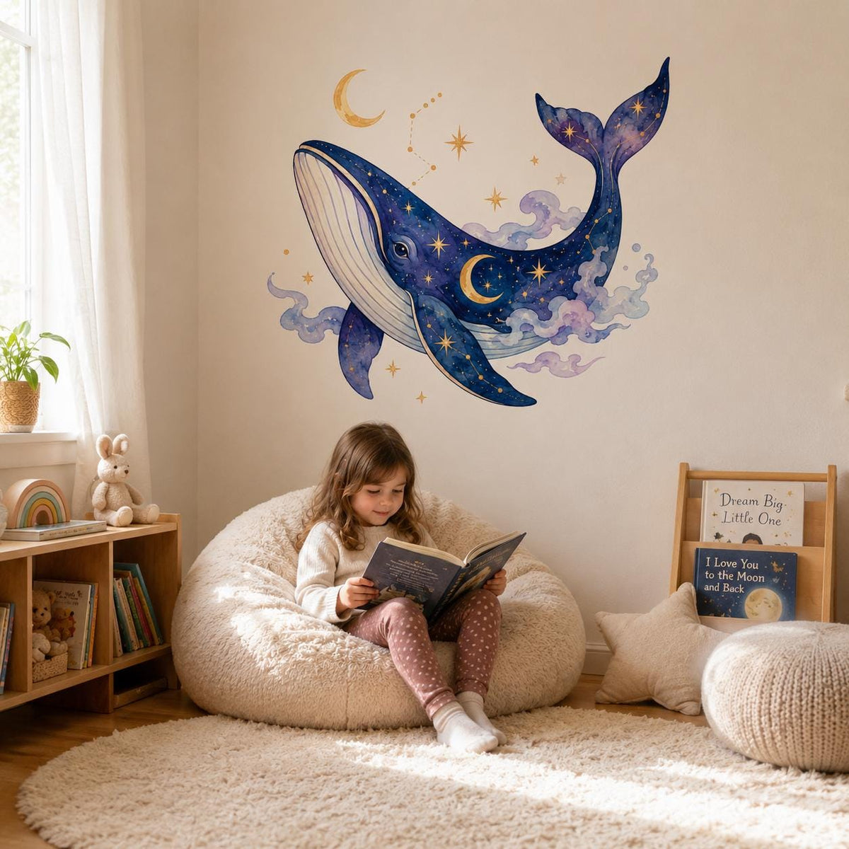 Celestial Whale Wall Decal | Moon and Stars Wall Sticker | Watercolor Whale Nursery Decor | Ocean Kids Room Wall Art | Starlit Bedroom Decor