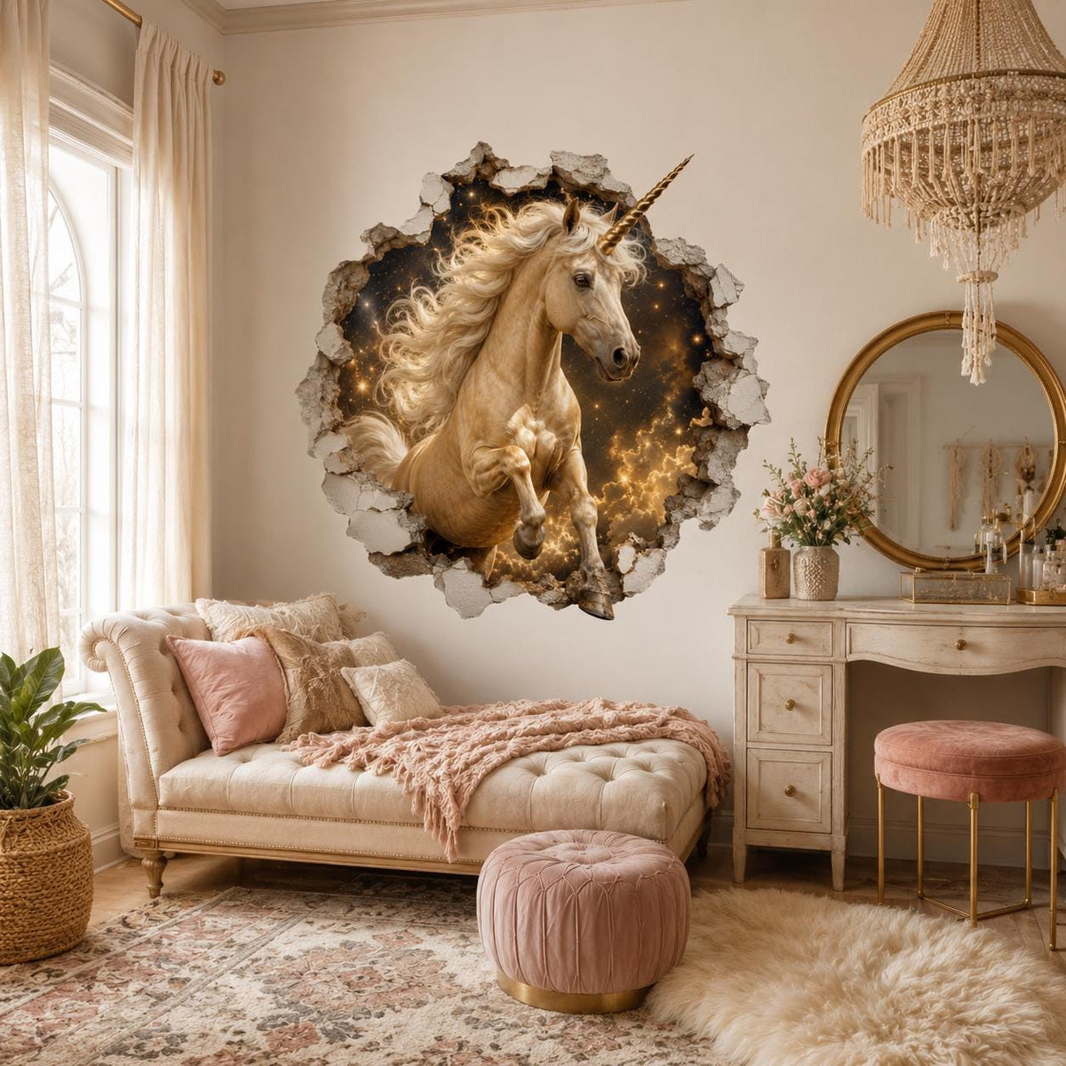 Golden Unicorn 3D Wall Decal | Fantasy Unicorn Wall Sticker | Broken Wall Illusion | Magical Horse Decor | Kids Room Decor | Cosmic Wall Art