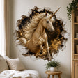 Cream unicorn rearing through a printed cracked-plaster opening, with a dark star field, gold-colored horn and golden clouds.