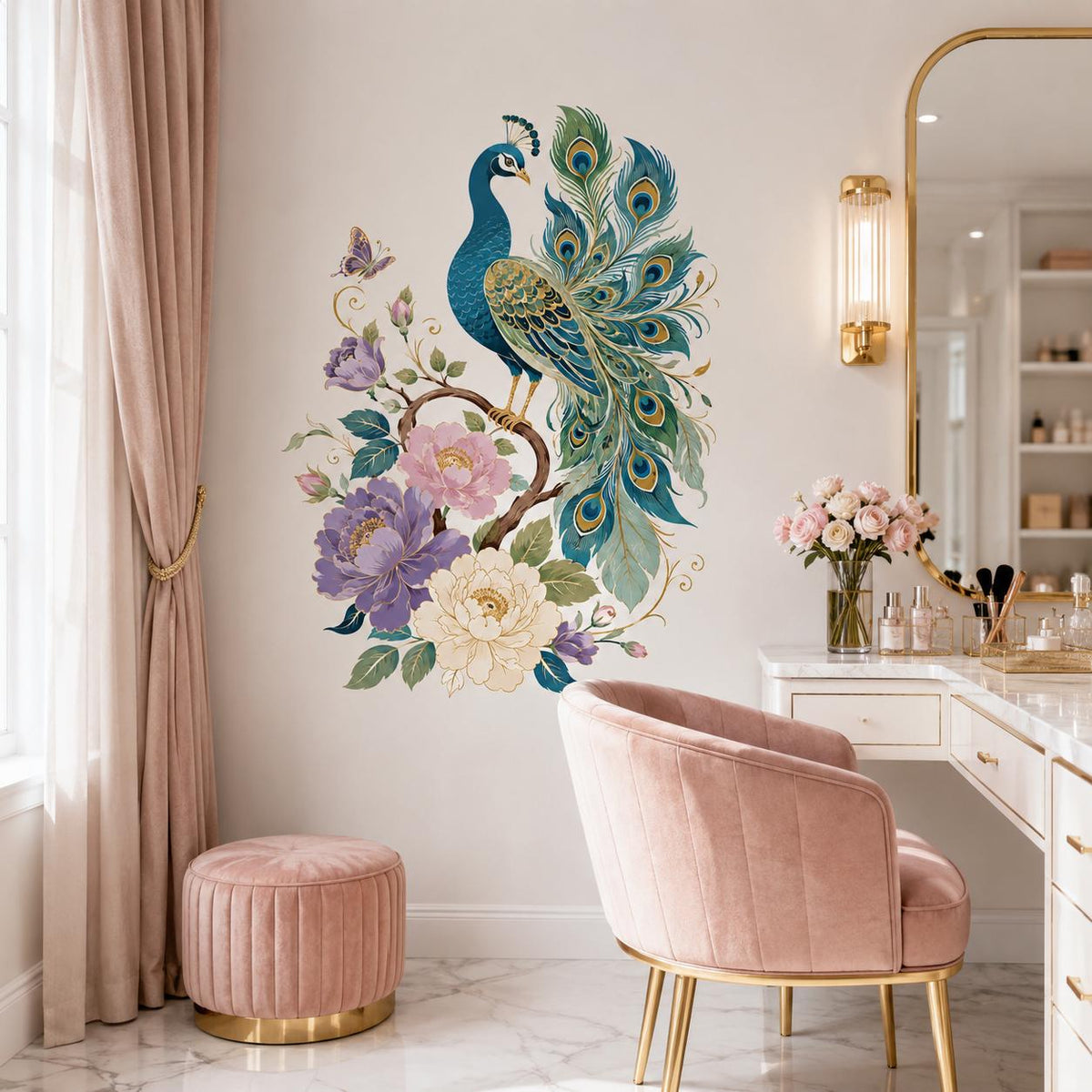 Floral Peacock Wall Decal | Teal and Gold Botanical Bird Vinyl Sticker | Colorful Living Room Bedroom Wall Decor | Ornate Nature Decor Art