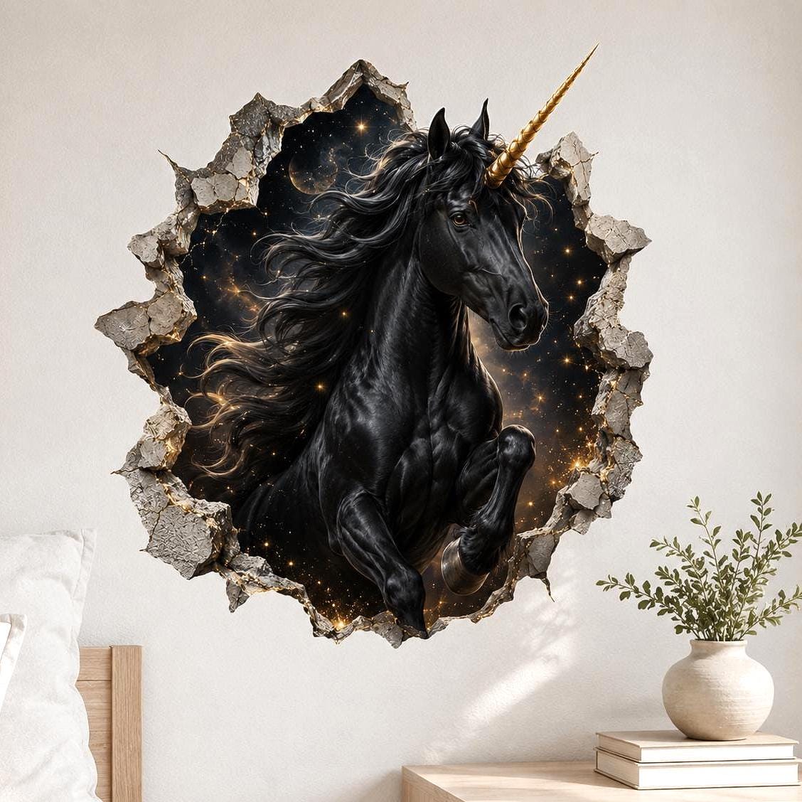 Black unicorn with a gold-colored spiral horn, framed by gray stone with golden cracks against a dark starry sky.