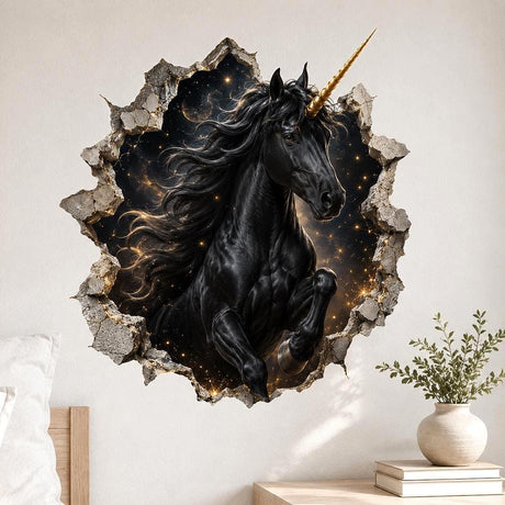 Black unicorn with a gold-colored spiral horn, framed by gray stone with golden cracks against a dark starry sky.