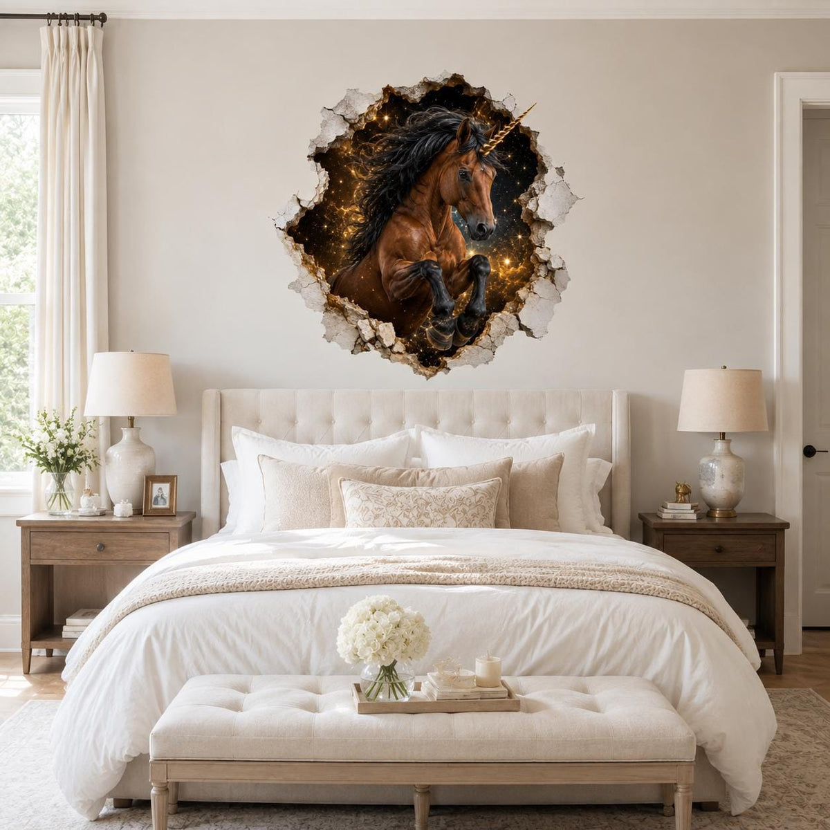 3D Unicorn Wall Decal | Cosmic Fantasy Horse Vinyl Sticker | Broken Wall Effect Bedroom Decor | Gold Black Unicorn Room Decor | Celestial