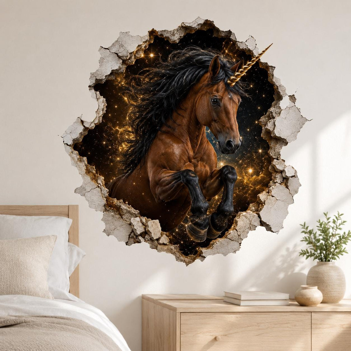 3D Unicorn Wall Decal | Cosmic Fantasy Horse Vinyl Sticker | Broken Wall Effect Bedroom Decor | Gold Black Unicorn Room Decor | Celestial