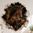 Brown unicorn wall decal with a dark mane and gold-colored horn, surrounded by gold swirls, stars and a cracked-plaster border.