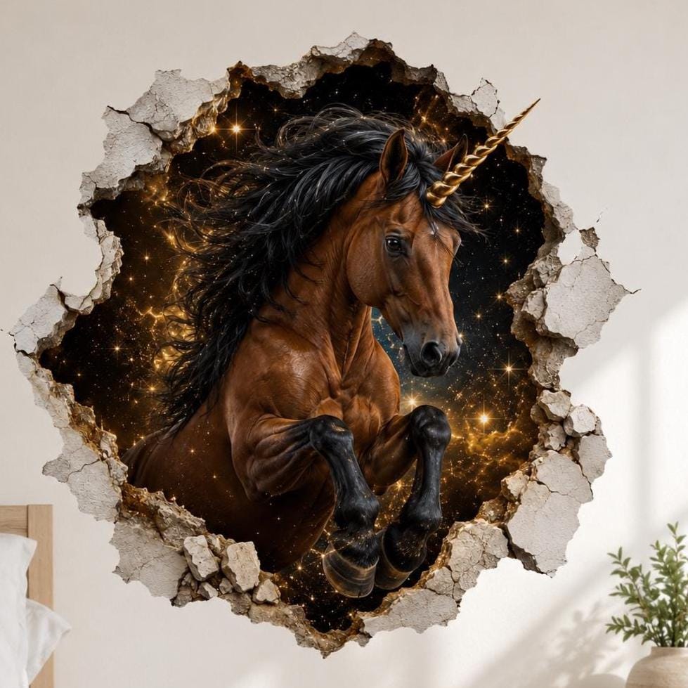 Brown unicorn wall decal with a dark mane and gold-colored horn, surrounded by gold swirls, stars and a cracked-plaster border.