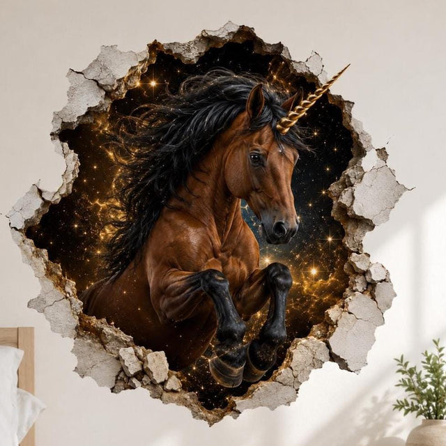 Brown unicorn wall decal with a dark mane and gold-colored horn, surrounded by gold swirls, stars and a cracked-plaster border.