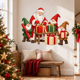 Santa and gnomes wall decal showing a gift-wrapping scene with colorful Christmas packages.