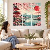 Asian landscape triptych wall decal with cherry blossoms, Mount Fuji and traditional red architecture.