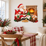 Cozy Christmas wall decal featuring Santa, three gnomes, warm drinks and cookies beside a rustic fireplace.
