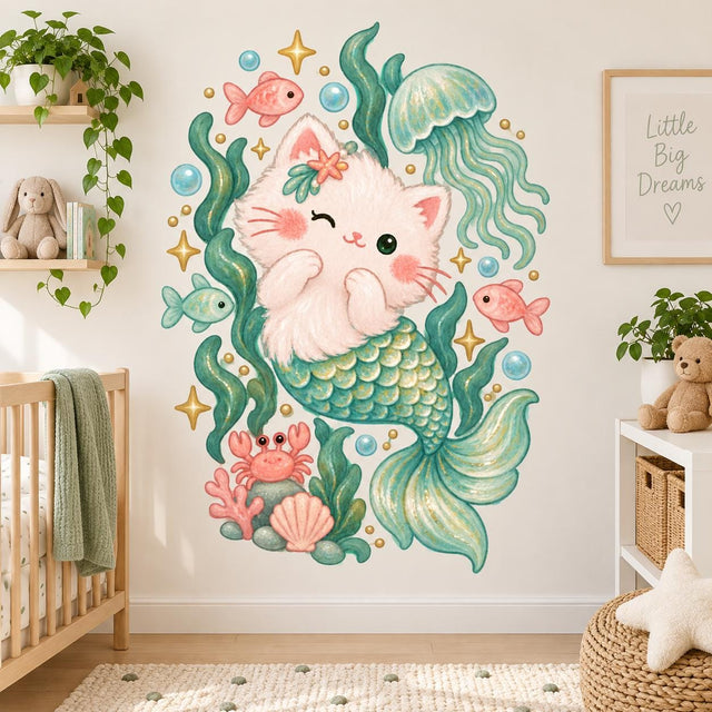 Winking cream mermaid cat with a teal tail beneath an aqua jellyfish, surrounded by seaweed, fish, coral, shells and a pink crab.