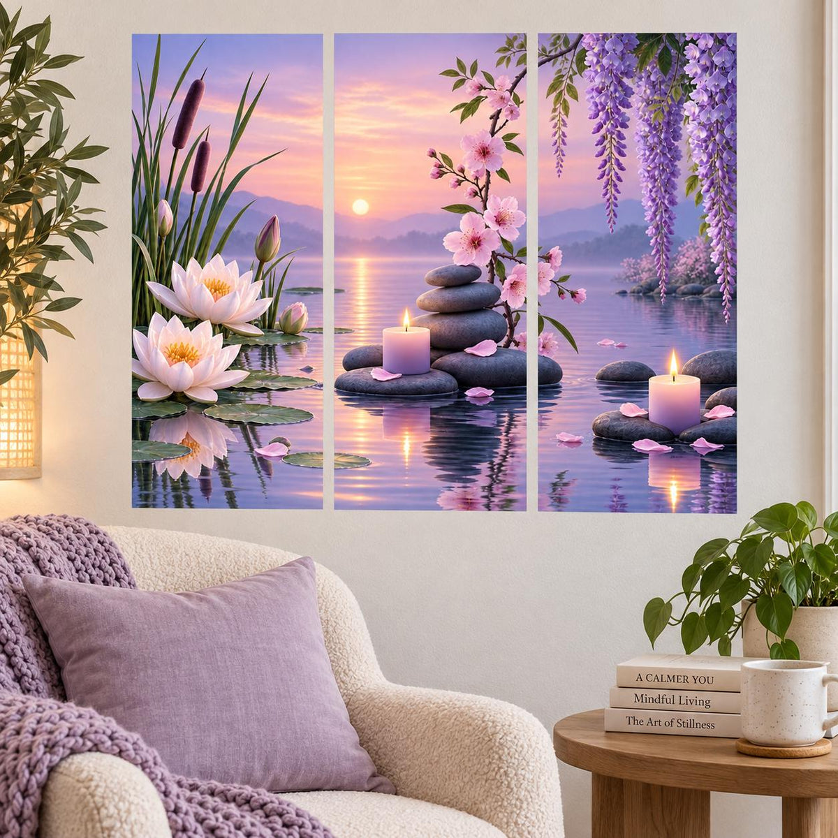 Botanical pond wall decal with water lilies, hanging purple wisteria, flowering branches, candles and dark stones in sunset tones.
