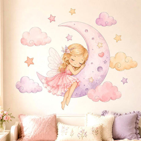 Sleeping blonde fairy in a pink dress resting on a lavender crescent moon, surrounded by pastel clouds, stars and hearts.