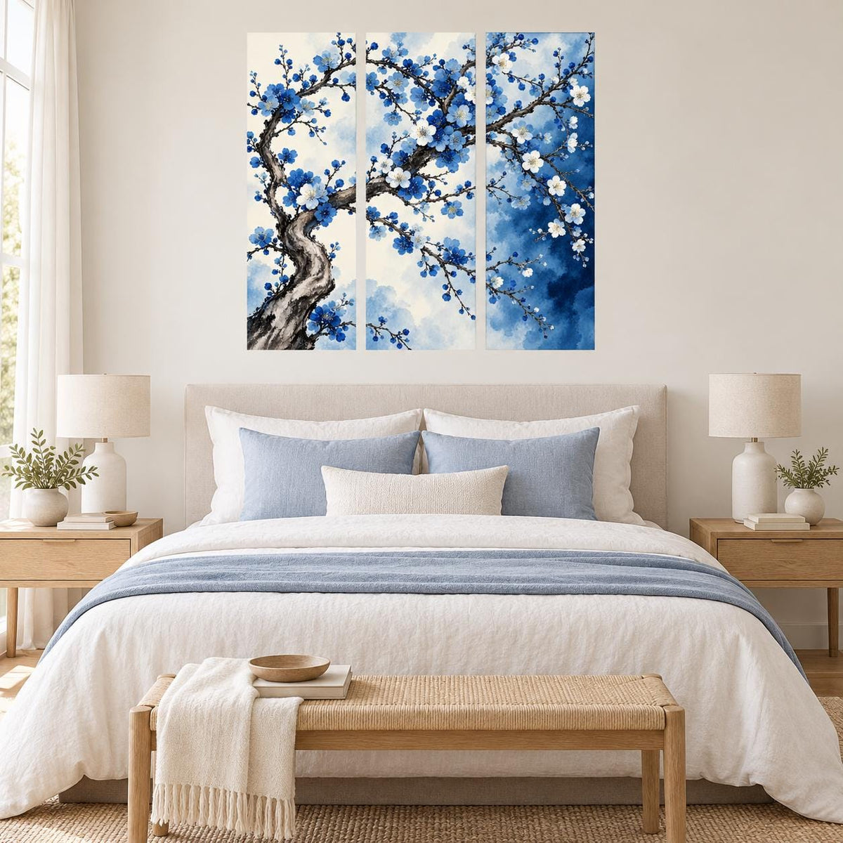 Blue Blossom Tree Wall Decal | Floral Branch Wall Sticker | Blue Blossom Triptych Decor | Botanical Bedroom Wall Art | Elegant Floral Design