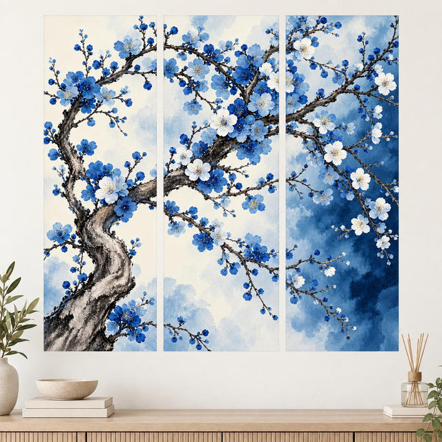 Three-panel blossom tree wall decal with twisting dark branches, blue and white flowers and a pale watercolor-style background.