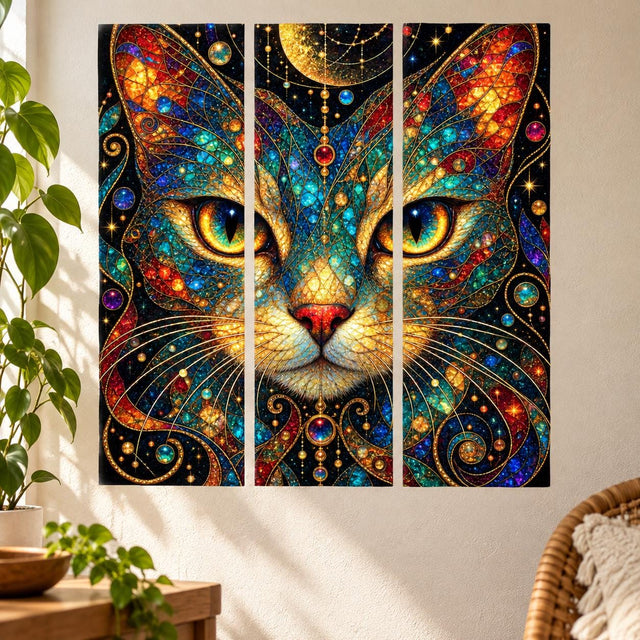 Cat with golden green eyes in a jewel toned stained glass style triptych, surrounded by stars and planets on a dark background.