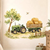 Green tractor pulling a wooden trailer of golden hay bales beside a leafy tree, fence and wildflowers in a watercolor-style farm scene.