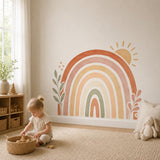 Boho Rainbow Wall Decal Sun and Botanical Leaves | Earth Tone Nursery Wall Decor | Gender Neutral Kids Room Mural | Watercolor Vinyl Decal