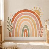 Boho Rainbow Wall Decal Sun and Botanical Leaves | Earth Tone Nursery Wall Decor | Gender Neutral Kids Room Mural | Watercolor Vinyl Decal