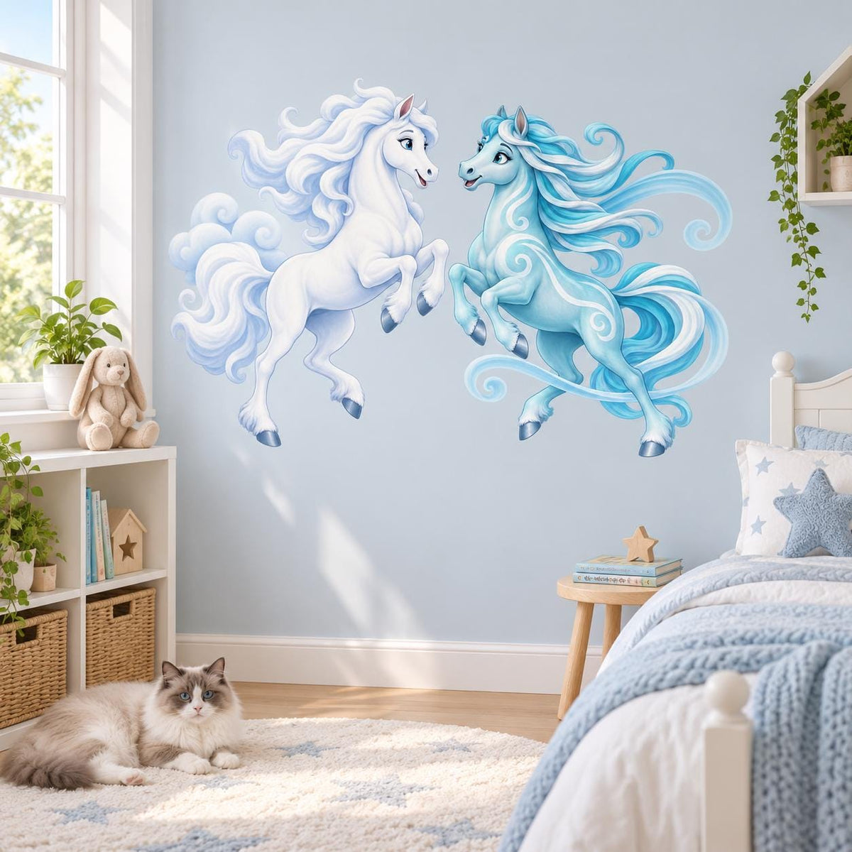Pair of Unicorn Vinyl Wall Decal | Blue and Turquoise Fantasy Horse Wall Sticker | Pastel Unicorn Nursery Decor | Kids Bedroom Wall Decor