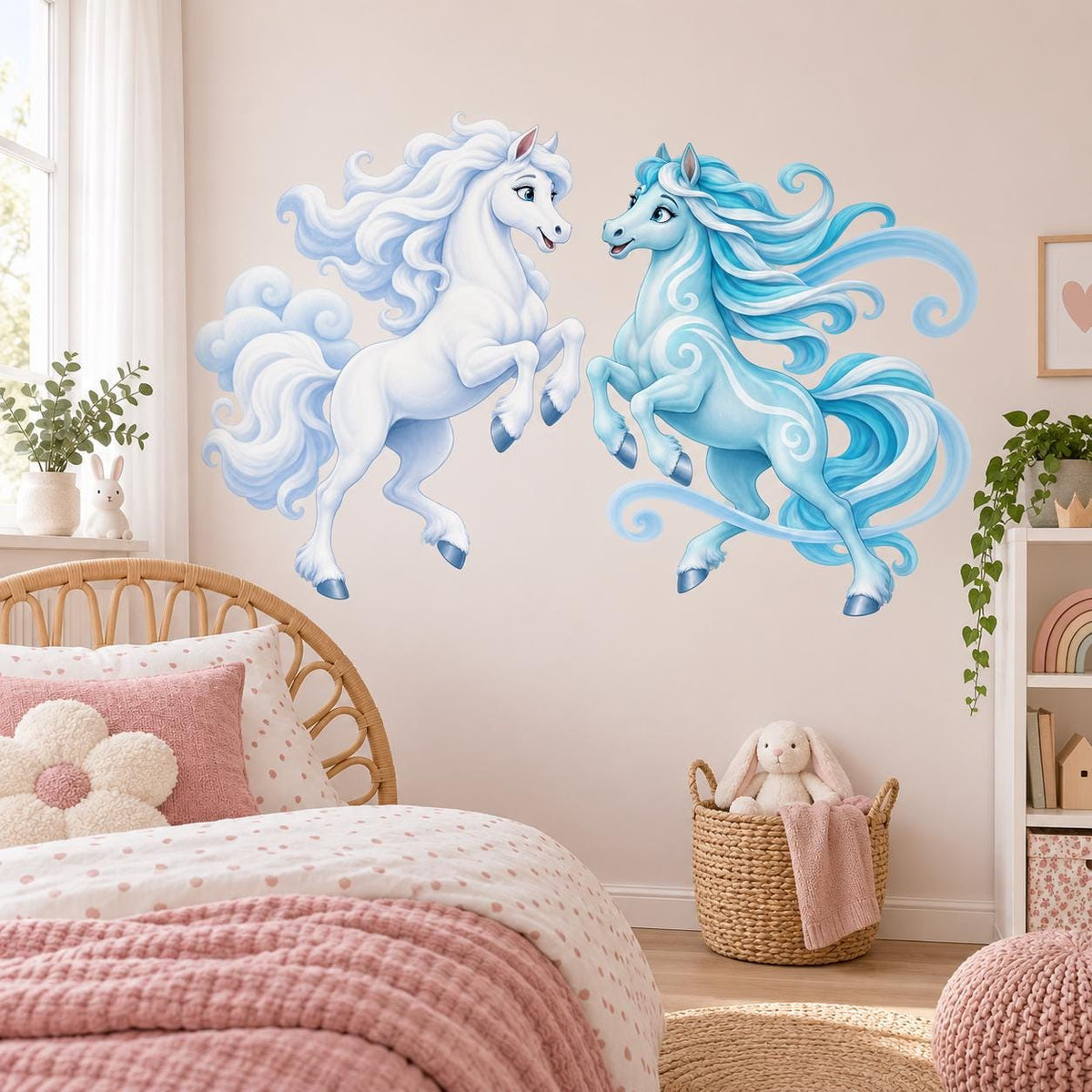 Pair of Unicorn Vinyl Wall Decal | Blue and Turquoise Fantasy Horse Wall Sticker | Pastel Unicorn Nursery Decor | Kids Bedroom Wall Decor