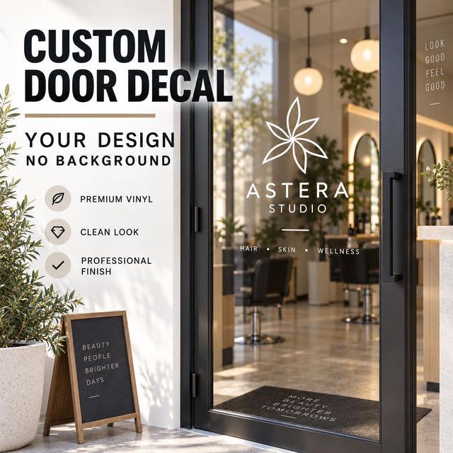 Custom printed door logo decal with lettering or artwork cut without a surrounding rectangular background.
