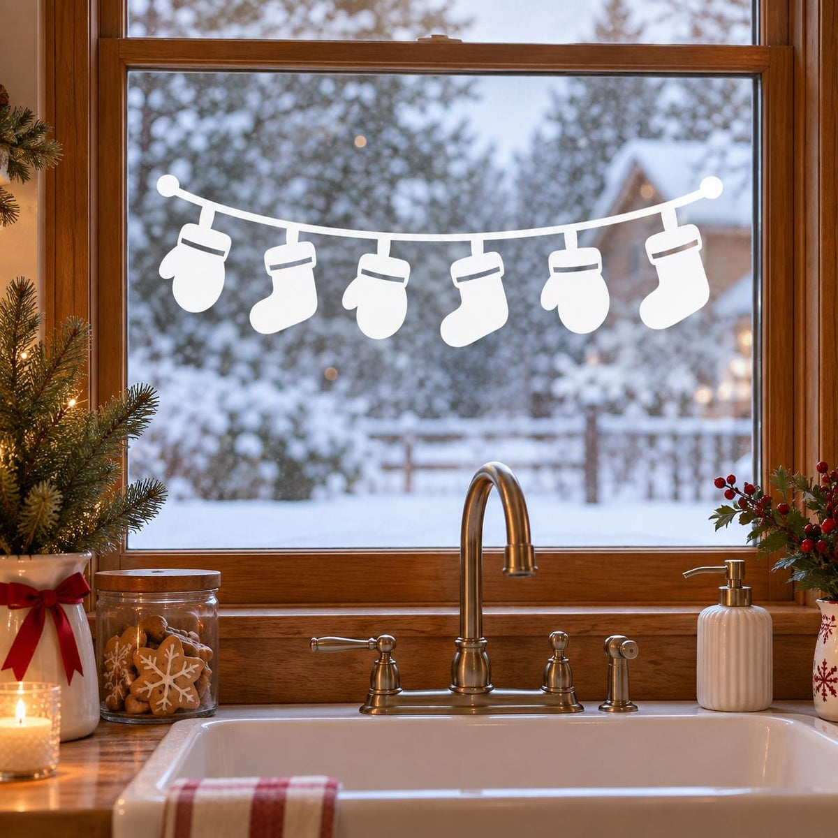White vinyl window garland with six hanging Christmas stocking silhouettes on a gently curved line above a kitchen sink.