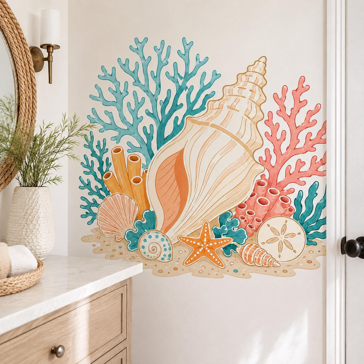 Underwater coastal wall sticker featuring a large spiral seashell, smaller shells and bright sea coral.
