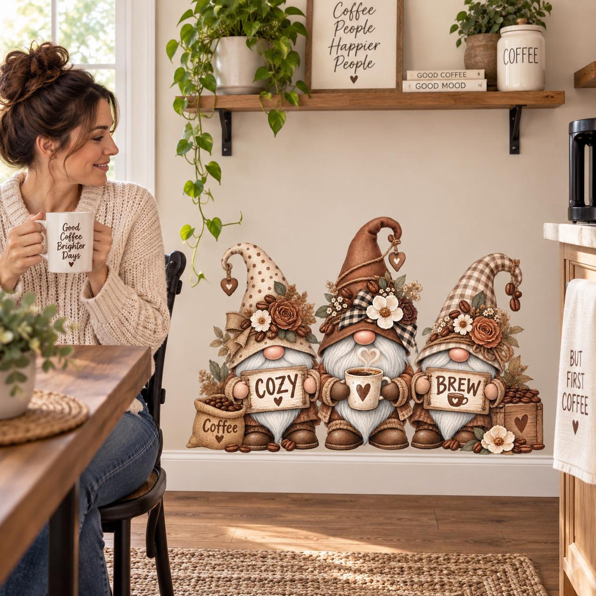 Coffee Gnome Wall Decal | Vinyl Kitchen Coffee Station Decor | Rustic Farmhouse Coffee Bar Wall Sticker | Cozy Cottage Kitchen Decor Art