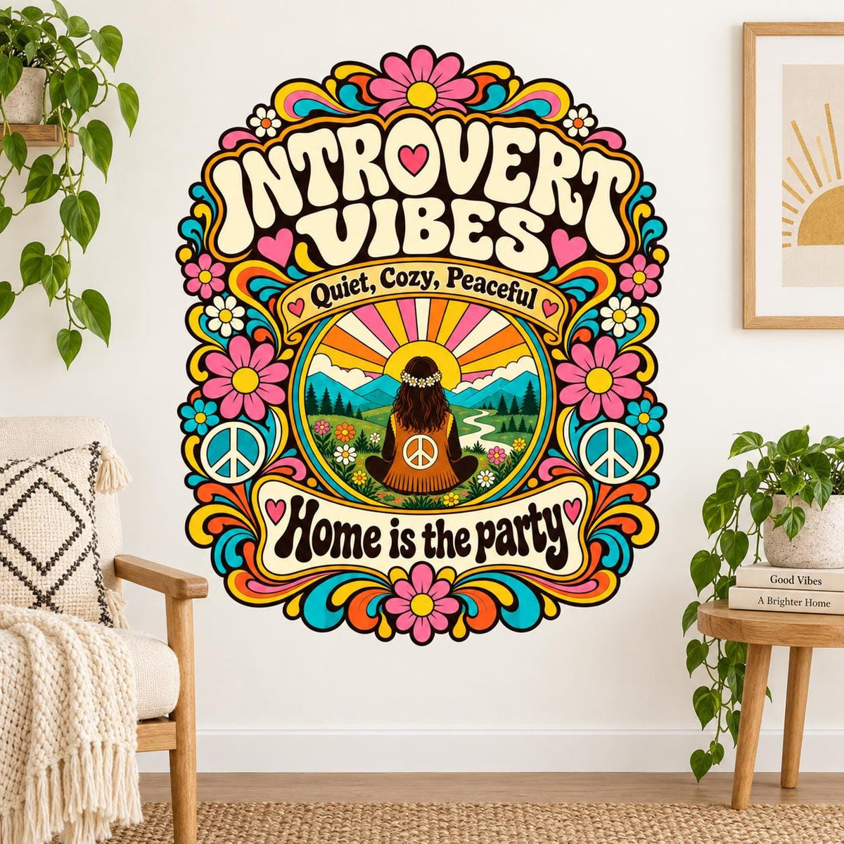 Retro floral wall decal with a seated figure, mountain landscape, peace signs and the wording Introvert Vibes, Quiet, Cozy, Peaceful, Home is the party.