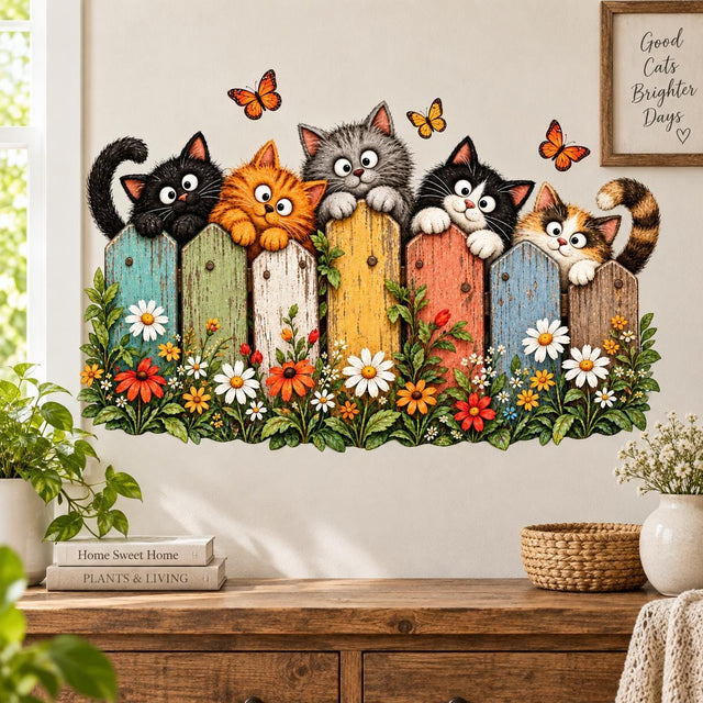 Five playful cats peeking over a colorful wooden garden fence with daisies, warm colored flowers, green leaves and orange butterflies.