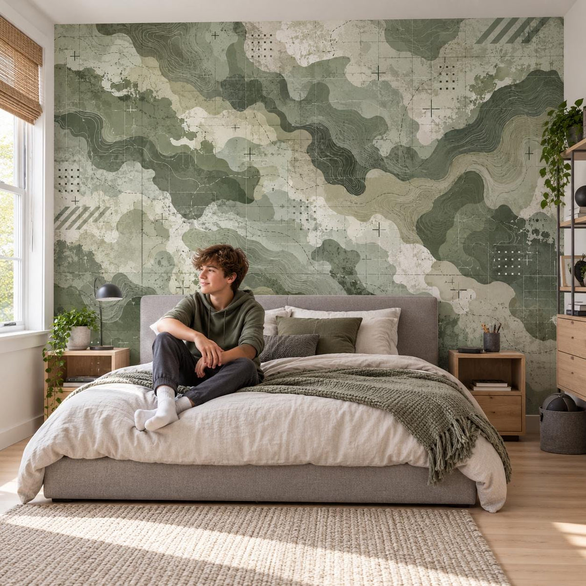 Green Abstract Camouflage Wallpaper | Topographic Map Wall Mural | Self Adhesive Vinyl | Teen Bedroom Feature Wall | Earth Tone Camo Decor