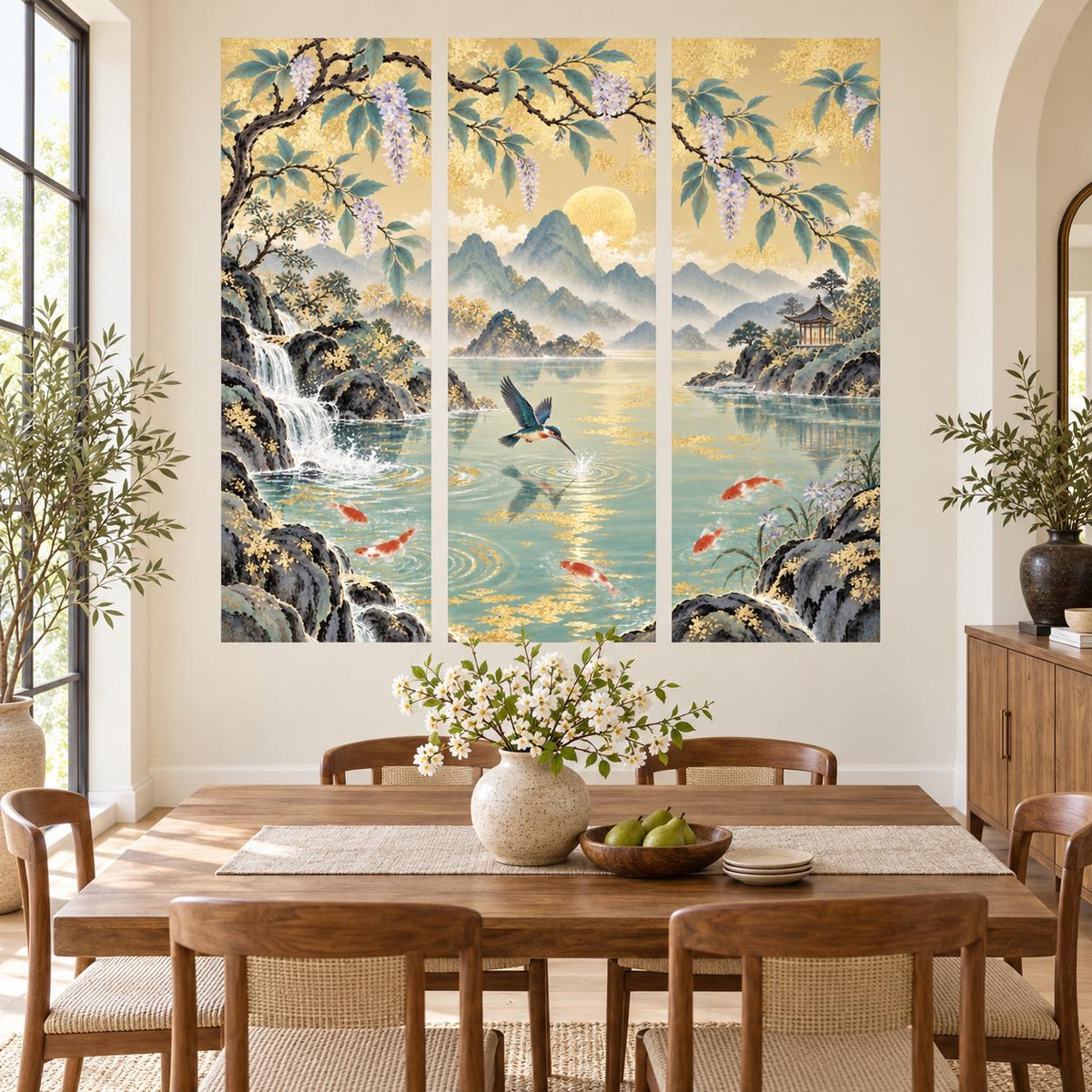 Three-panel Asian landscape wall sticker with a golden sun, misty mountains and waterfalls above a turquoise koi lake.