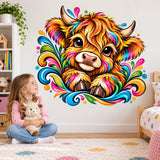 Cute Highland cow vinyl wall decal with expressive eyes and rainbow-colored swirling shapes around the calf.