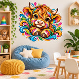 Colorful Highland calf wall sticker with shaggy orange hair, curved horns and vibrant turquoise and pink swirls.