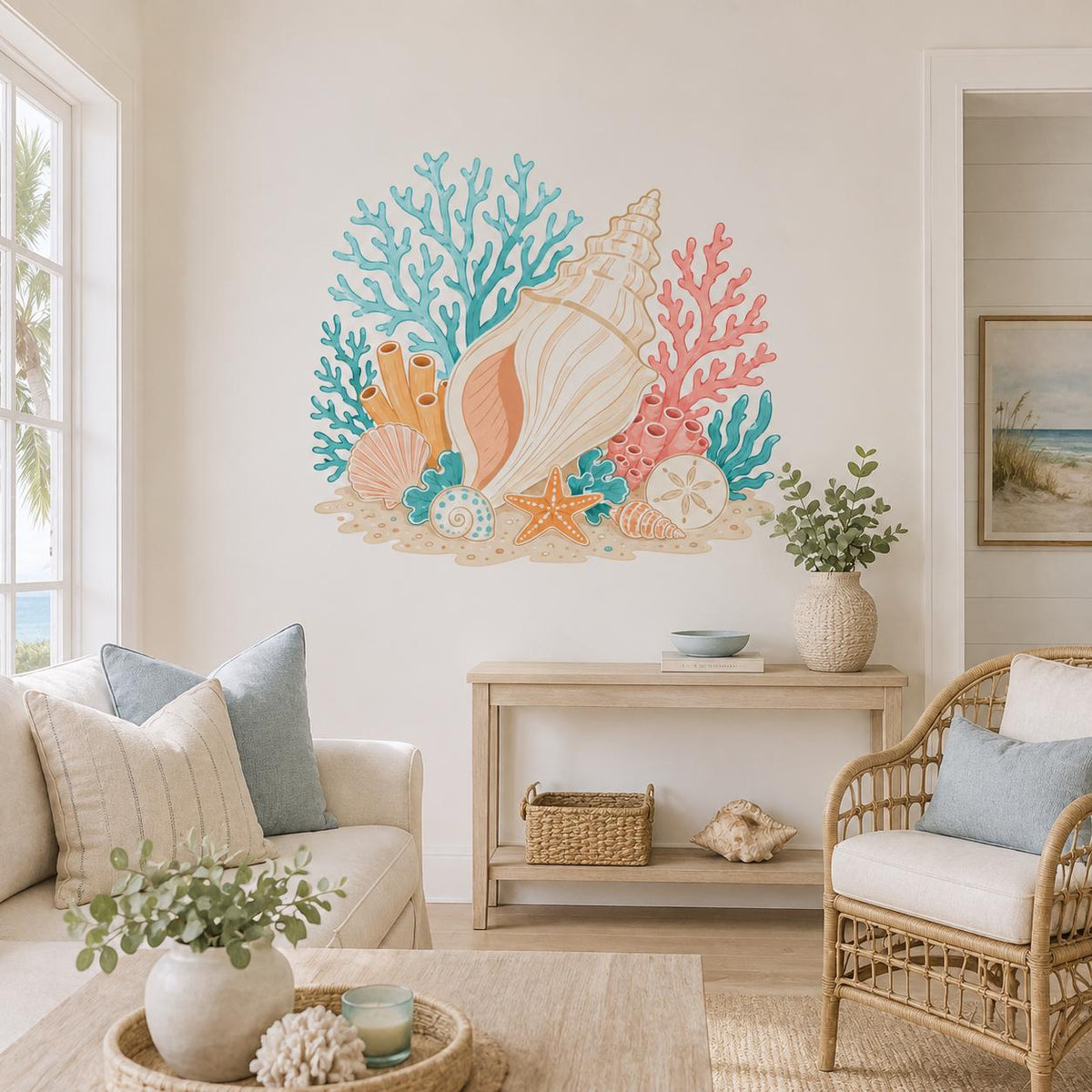 Coastal seashell wall decal with a cream spiral shell, turquoise coral branches and an orange starfish.