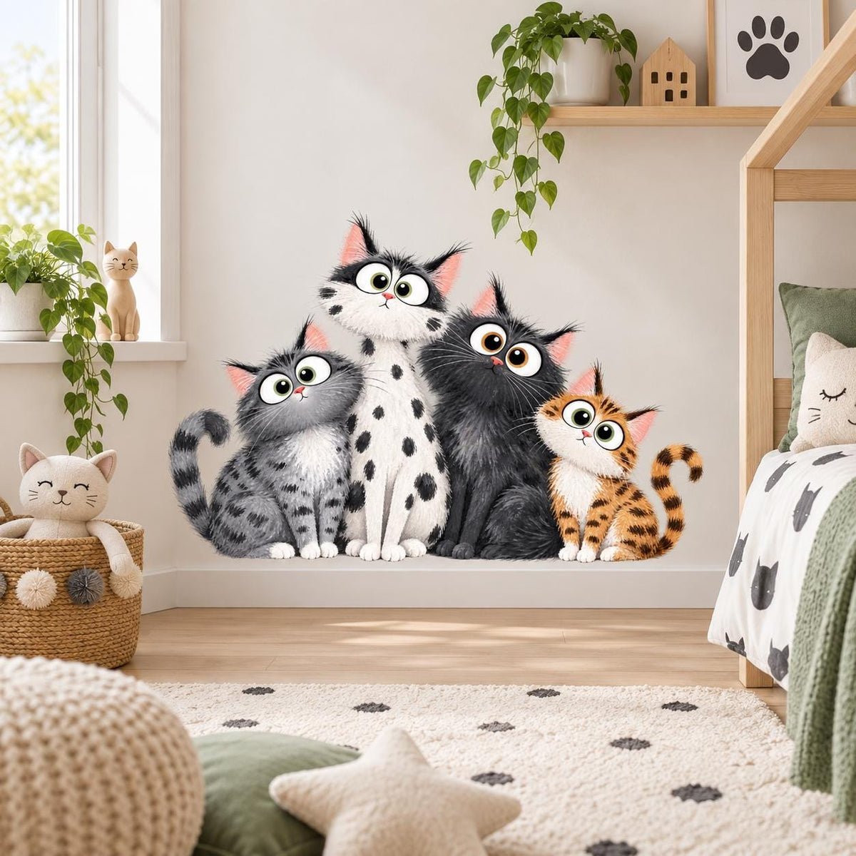 Four Cartoon Cats Wall Decal | Cute Cat Nursery Decor | Kids Room Animal Wall Sticker | Whimsical Cat Lover Wall Decoration | Printed Vinyl