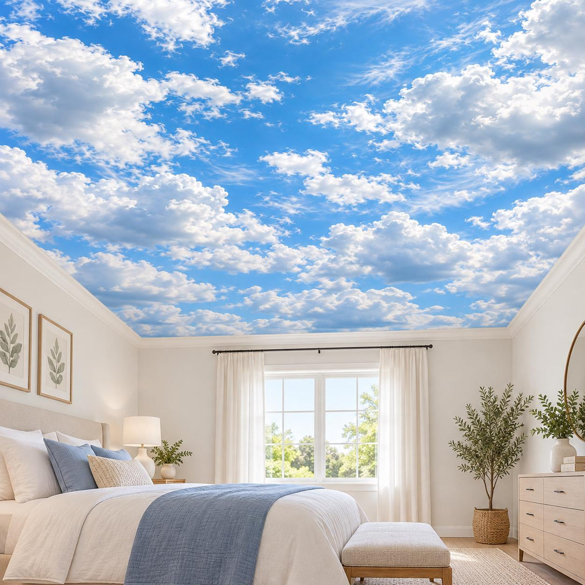 Bedroom ceiling covered with a blue sky mural featuring white and softly shaded gray clouds above blue bedding and white curtains.