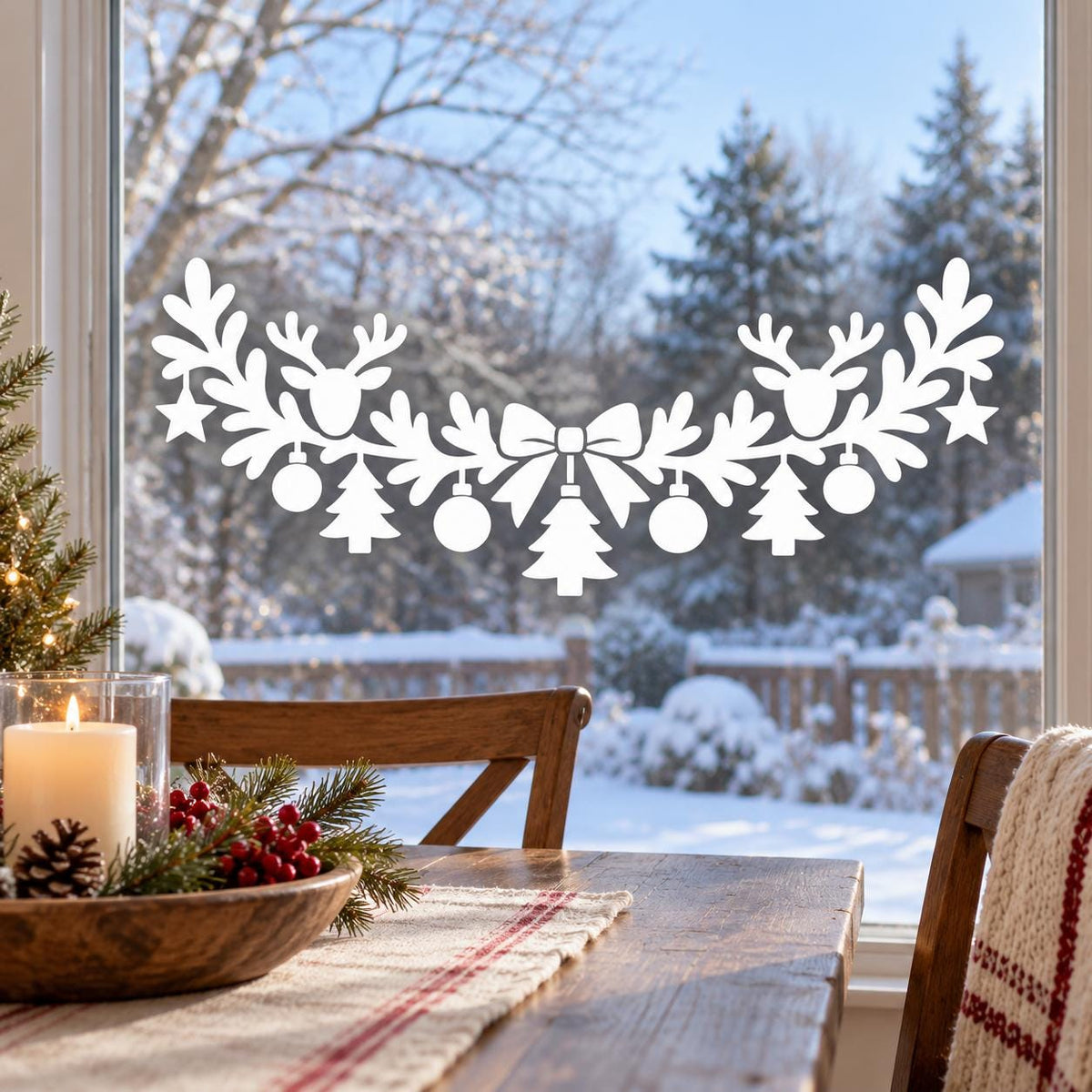 Christmas Reindeer Garland Window Decal | White Holiday Window Sticker | Winter Glass Decor | Scandinavian Style | Vinyl Christmas Decor