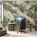 Green Abstract Camouflage Wallpaper | Topographic Map Wall Mural | Self Adhesive Vinyl | Teen Bedroom Feature Wall | Earth Tone Camo Decor
